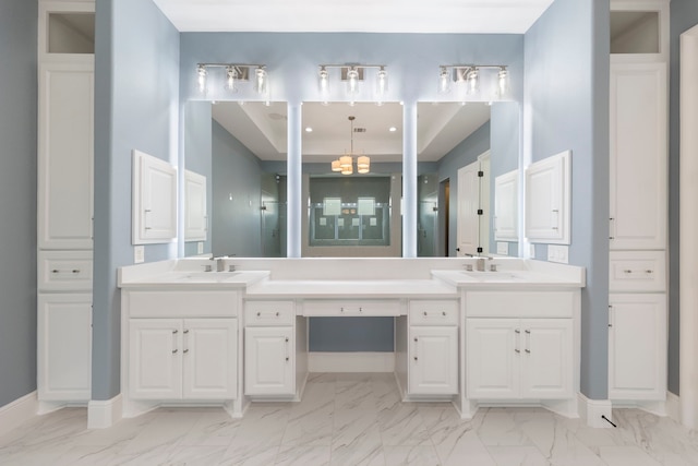 3971 Rolling Thicket Dr, Spring, TX 77386 - full bathroom featuring marble look tile flooring, double vanity, a chandelier, and a shower