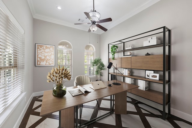 3971 Rolling Thicket Dr, Spring, TX 77386 - home office featuring ceiling fan, ornamental molding, inlaid floor details, and recessed lighting