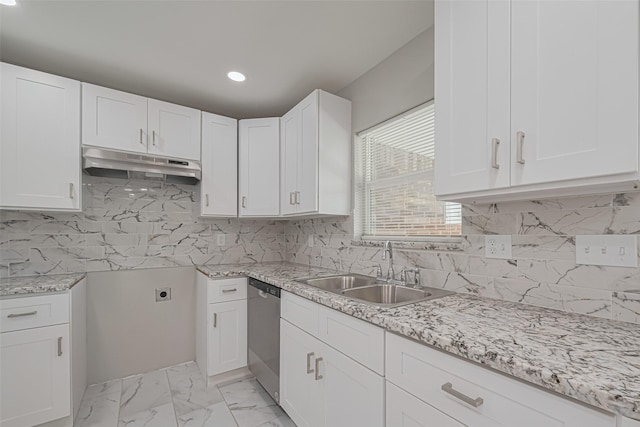 12210 Palmbeach St, Houston, TX 77034 - kitchen featuring under cabinet range hood, stainless steel dishwasher, recessed lighting, white cabinets, and light stone countertops