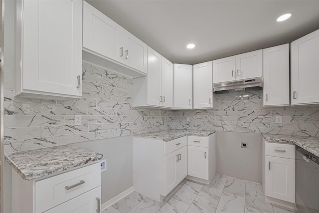 12210 Palmbeach St, Houston, TX 77034 - kitchen featuring under cabinet range hood, dishwasher, light stone counters, recessed lighting, and backsplash