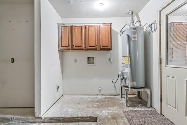 55 Sweetgum Ct, Lake Jackson, TX 77566 - washroom featuring gas water heater, washer hookup, cabinet space, and a textured ceiling