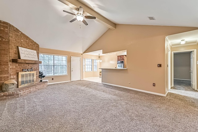 55 Sweetgum Ct, Lake Jackson, TX 77566 - unfurnished living room with a ceiling fan, a fireplace, beam ceiling, carpet flooring, and high vaulted ceiling