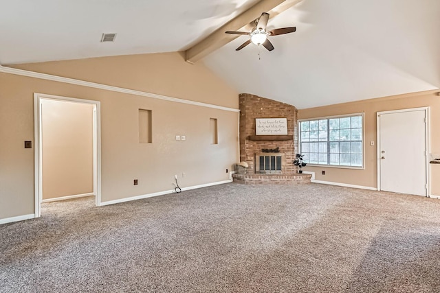 55 Sweetgum Ct, Lake Jackson, TX 77566 - unfurnished living room with ceiling fan, carpet floors, and a fireplace