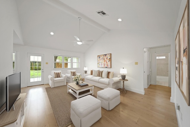5730 Chrystell Ln, Houston, TX 77092 - living area featuring beamed ceiling, ceiling fan, light wood-style flooring, and high vaulted ceiling