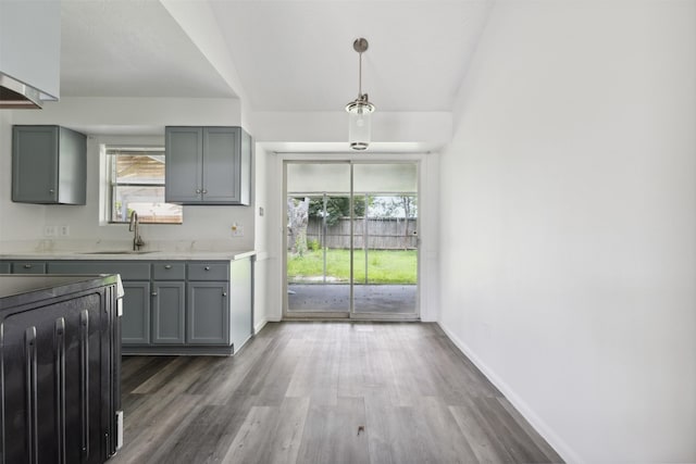 375 Sulky Trail St, Houston, TX 77060 - kitchen with gray cabinetry, wood finished floors, light countertops, and healthy amount of natural light