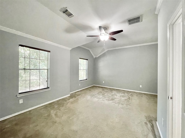 46 Marble Rock Pl, The Woodlands, TX 77382 - empty room featuring a ceiling fan, vaulted ceiling, crown molding, and carpet flooring