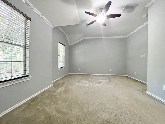46 Marble Rock Pl, The Woodlands, TX 77382 - unfurnished room with a ceiling fan, carpet flooring, vaulted ceiling, and ornamental molding