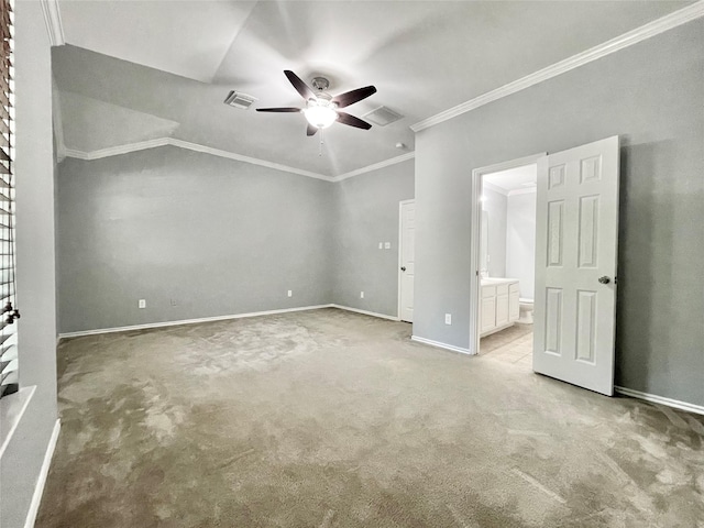 46 Marble Rock Pl, The Woodlands, TX 77382 - unfurnished bedroom featuring light colored carpet, crown molding, ensuite bath, and a ceiling fan