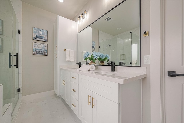 3837 Mainer St, Houston, TX 77021 - full bath with marble look tiles, a marble finish shower, and double vanity