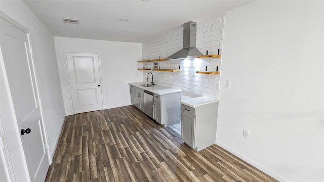 2235 Hutton St, Houston, TX 77026 - kitchen with island range hood, open shelves, tasteful backsplash, dishwasher, and dark wood-style flooring