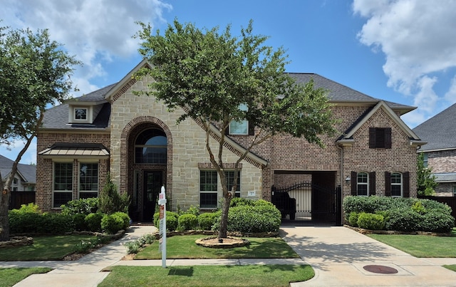7106 Prairie Grass Ln, Katy, TX 77493 - french country style house with brick siding, stone siding, a gate, and concrete driveway