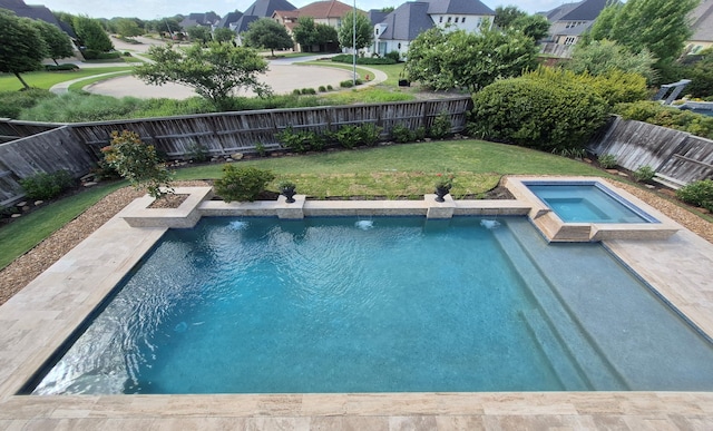 7106 Prairie Grass Ln, Katy, TX 77493 - view of swimming pool featuring an in-ground hot tub, a fenced backyard, and a residential view