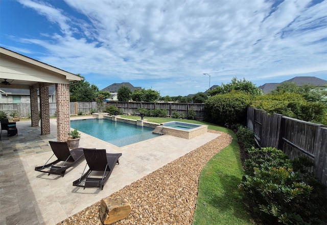 7106 Prairie Grass Ln, Katy, TX 77493 - view of pool with a patio area, a fenced backyard, a ceiling fan, and a pool with connected hot tub