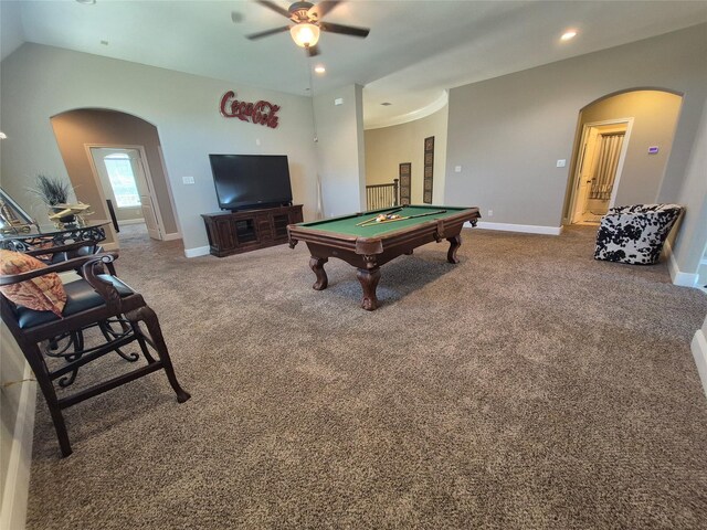 7106 Prairie Grass Ln, Katy, TX 77493 - playroom with arched walkways, ceiling fan, billiards table, carpet floors, and recessed lighting