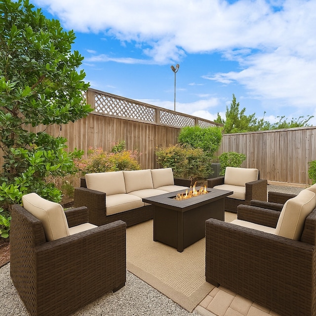 8324 Ginger Oak St, Houston, TX 77055 - fenced backyard featuring an outdoor living space with a fire pit
