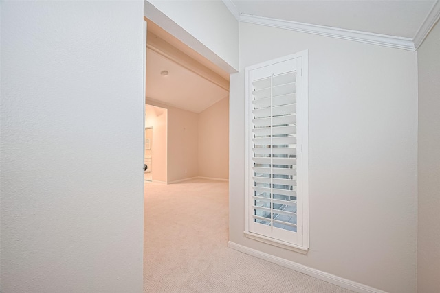 11711 Memorial Dr Unit 213, Houston, TX 77024 - hall with ornamental molding, carpet flooring, and vaulted ceiling