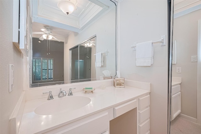 11711 Memorial Dr Unit 213, Houston, TX 77024 - bathroom featuring crown molding, vanity, and ceiling fan