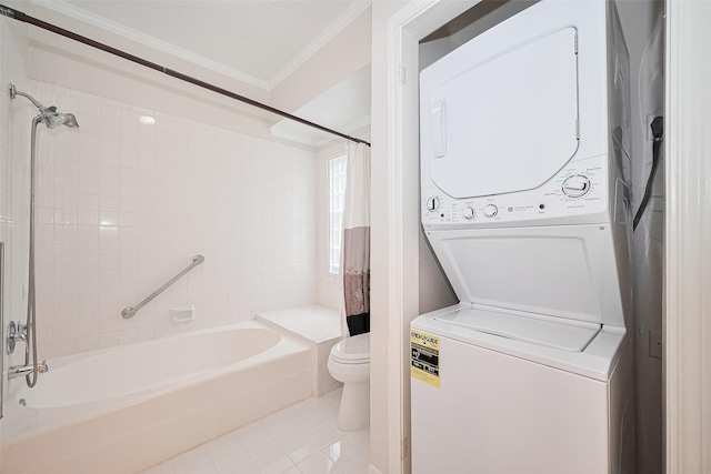 11711 Memorial Dr Unit 213, Houston, TX 77024 - bathroom featuring stacked washing machine and dryer, ornamental molding, shower / tub combo with curtain, and tile patterned flooring