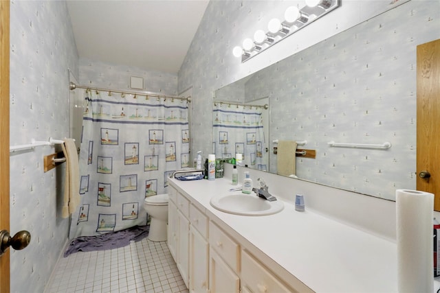 174 Sand Shoals Rd, Freeport, TX 77541 - full bath with tile patterned flooring, a shower with curtain, vanity, and vaulted ceiling