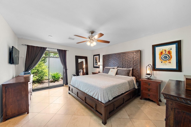 1213 Archley Dr, Hilshire Village, TX 77055 - bedroom featuring access to exterior, light tile patterned floors, and a ceiling fan