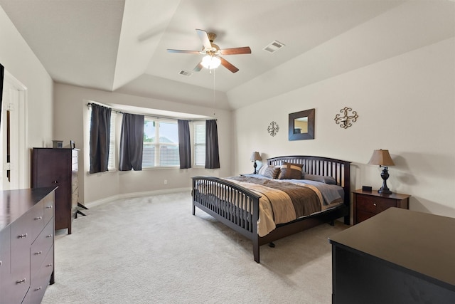 24506 Rossmore Hill Ct, Spring, TX 77389 - bedroom with light carpet, a raised ceiling, and ceiling fan