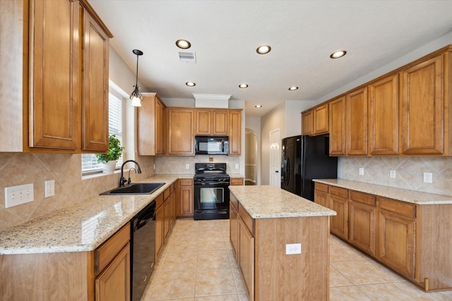2219 Fenton Rock Ln, Katy, TX 77494 - kitchen with black appliances, light tile patterned flooring, backsplash, a kitchen island, and recessed lighting