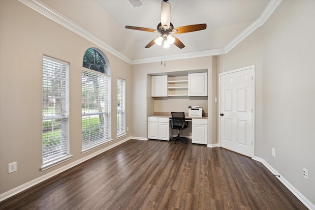 2219 Fenton Rock Ln, Katy, TX 77494 - unfurnished office featuring built in study area, dark wood-style flooring, a ceiling fan, and crown molding