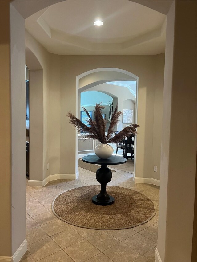 6315 Oakmont Creek Dr, Spring, TX 77379 - corridor with a raised ceiling, recessed lighting, and arched walkways