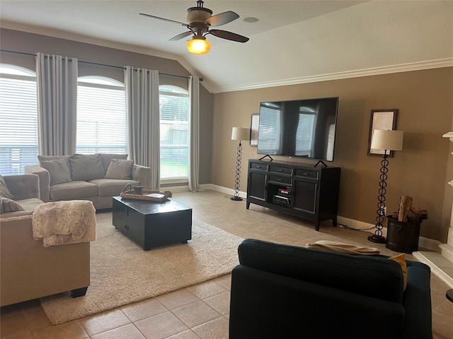 6315 Oakmont Creek Dr, Spring, TX 77379 - living room featuring vaulted ceiling, crown molding, a ceiling fan, and light tile patterned floors