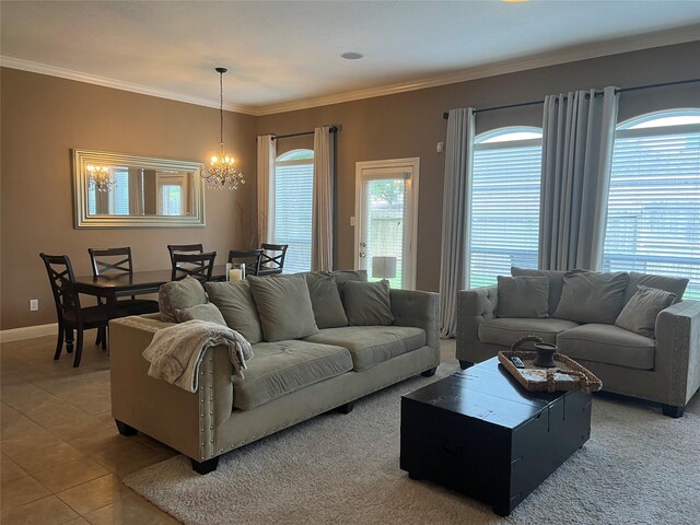 6315 Oakmont Creek Dr, Spring, TX 77379 - living area with a chandelier, light tile patterned floors, and ornamental molding