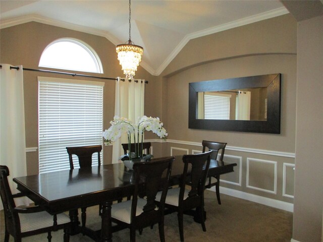 6315 Oakmont Creek Dr, Spring, TX 77379 - carpeted dining room featuring a chandelier and vaulted ceiling