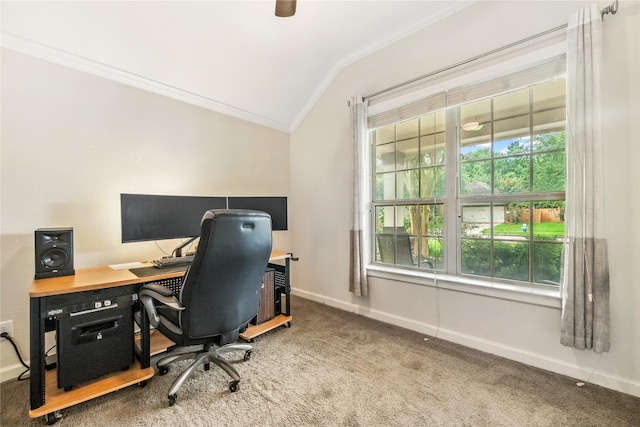 12747 Bridle Springs Ln, Houston, TX 77044 - home office featuring ornamental molding, vaulted ceiling, and carpet floors