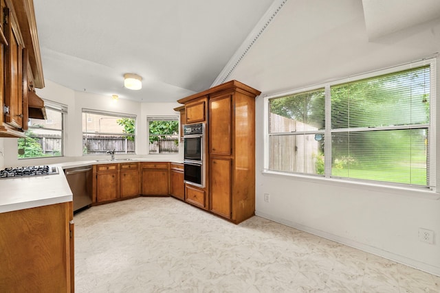 902 Mesa Terrace Dr, Katy, TX 77450 - kitchen featuring appliances with stainless steel finishes, healthy amount of natural light, brown cabinetry, and lofted ceiling