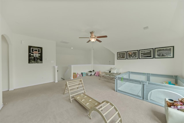 2810 Parkside Village Ln, Pearland, TX 77581 - bedroom featuring carpet, arched walkways, a ceiling fan, and vaulted ceiling
