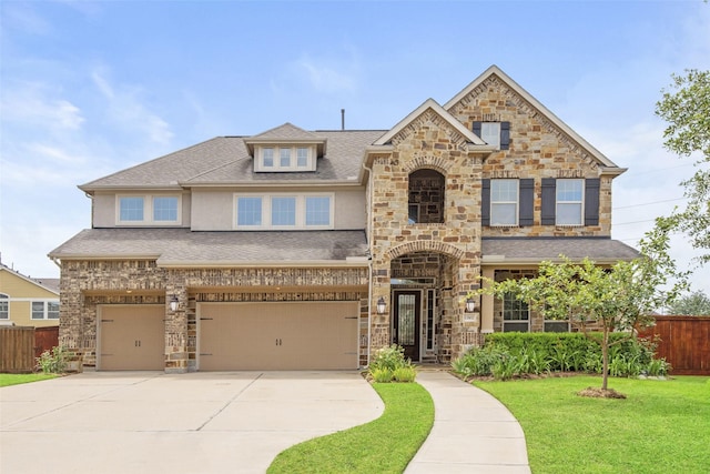12102 Accorso St, Richmond, TX 77406 - view of front of house with a garage, driveway, stone siding, and stucco siding