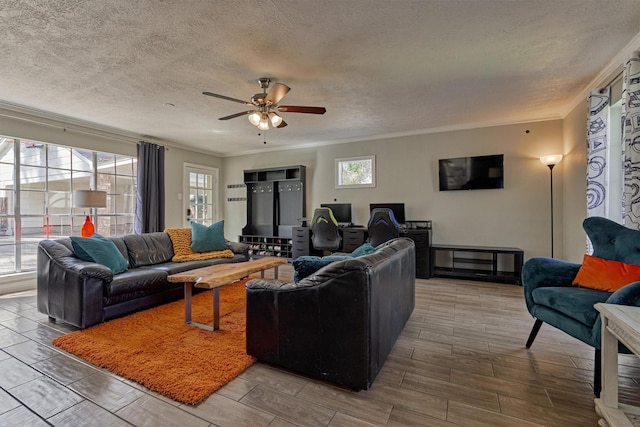 24203 Creekview Dr, Spring, TX 77389 - living area with crown molding, healthy amount of natural light, a ceiling fan, a textured ceiling, and wood finished floors