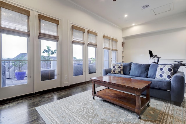 5218 Crawford St, Houston, TX 77004 - living area featuring ornamental molding, wood finished floors, french doors, and recessed lighting