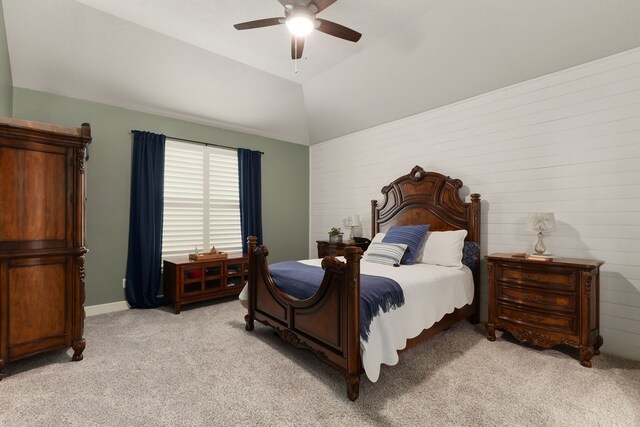 1803 Twin Oaks Cir, Brenham, TX 77833 - bedroom featuring light colored carpet, vaulted ceiling, and ceiling fan