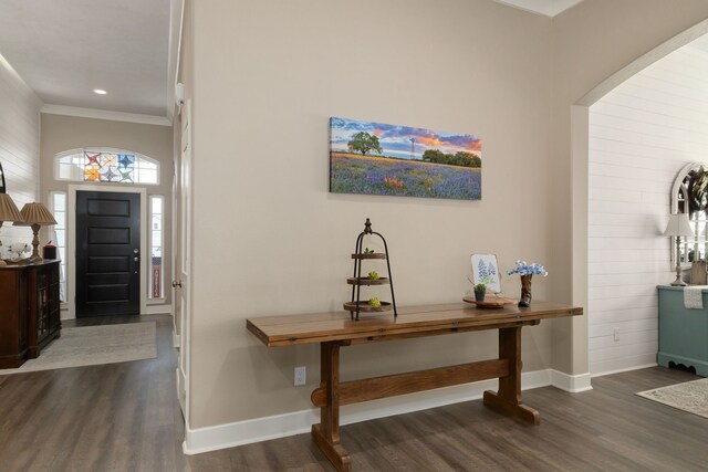1803 Twin Oaks Cir, Brenham, TX 77833 - entrance foyer with dark wood-style floors, crown molding, and recessed lighting