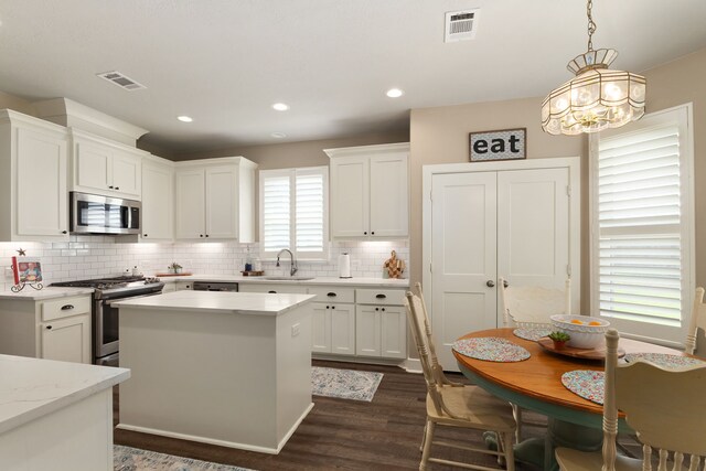 1803 Twin Oaks Cir, Brenham, TX 77833 - kitchen with appliances with stainless steel finishes, dark wood-type flooring, white cabinets, tasteful backsplash, and recessed lighting