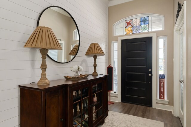1803 Twin Oaks Cir, Brenham, TX 77833 - entryway featuring dark wood-type flooring and wood walls
