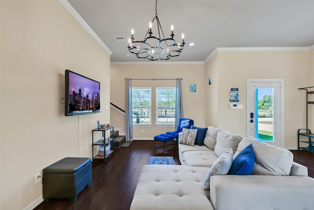 607 29th St, Dickinson, TX 77539 - living area featuring a chandelier, wood finished floors, crown molding, stairway, and recessed lighting