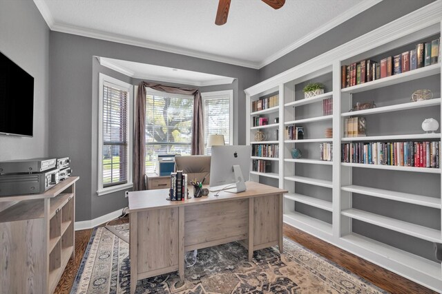 210 River Oaks Dr, Lake Jackson, TX 77566 - office space featuring a ceiling fan, dark wood-style floors, and ornamental molding