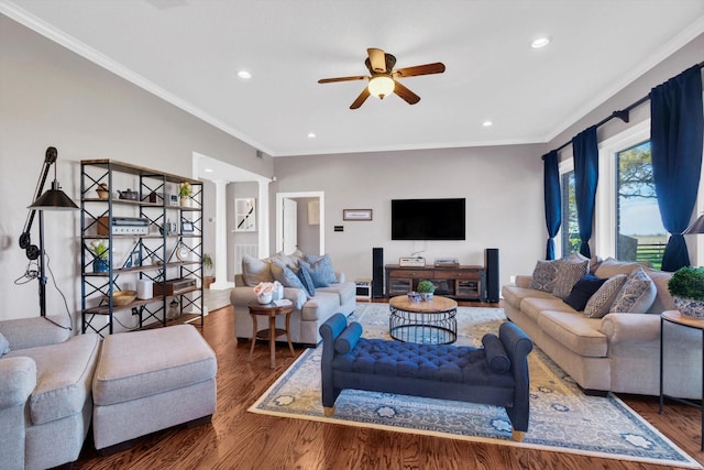 210 River Oaks Dr, Lake Jackson, TX 77566 - living room featuring a ceiling fan, wood finished floors, ornate columns, ornamental molding, and recessed lighting