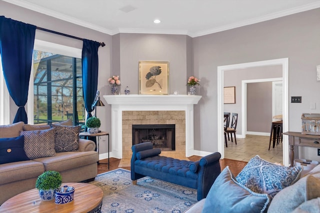 210 River Oaks Dr, Lake Jackson, TX 77566 - living area featuring crown molding, recessed lighting, and a fireplace