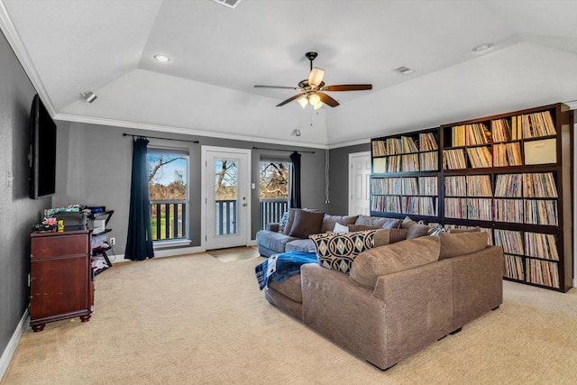 210 River Oaks Dr, Lake Jackson, TX 77566 - living room with carpet flooring, a ceiling fan, recessed lighting, a raised ceiling, and crown molding
