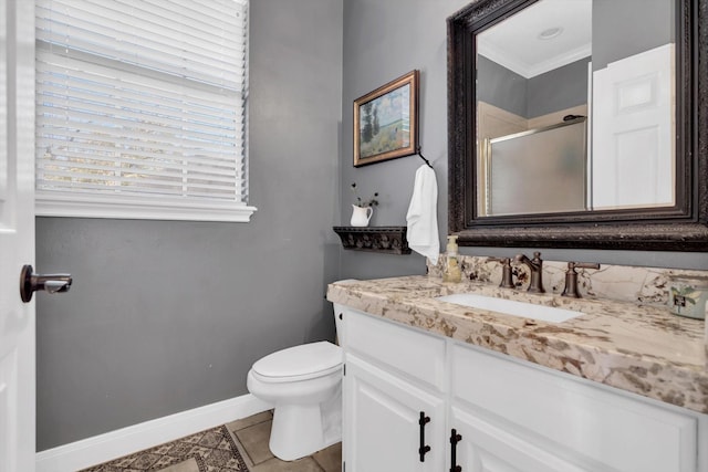 210 River Oaks Dr, Lake Jackson, TX 77566 - bathroom with a shower stall, vanity, tile patterned floors, and crown molding