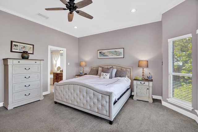 210 River Oaks Dr, Lake Jackson, TX 77566 - bedroom featuring light carpet, ornamental molding, multiple windows, recessed lighting, and ensuite bathroom