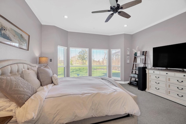 210 River Oaks Dr, Lake Jackson, TX 77566 - bedroom featuring light carpet, recessed lighting, crown molding, and a ceiling fan