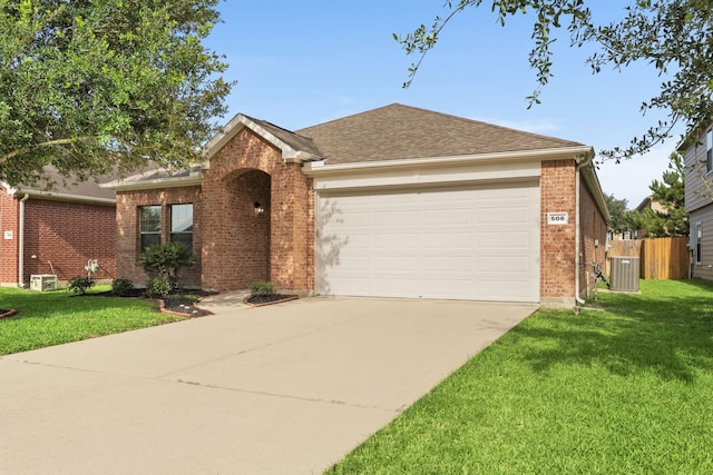 506 Mornington Ln, Katy, TX 77494 - ranch-style home with brick siding, concrete driveway, a garage, and a shingled roof